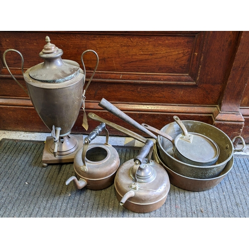 170 - A selection of Victorian copper and brassware to include a Samovar pan and other items
Location:G