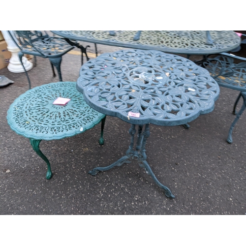 188 - An aluminium garden set of furniture to include dining table 67cm h x 140cm w x 81cm d, with four ch... 