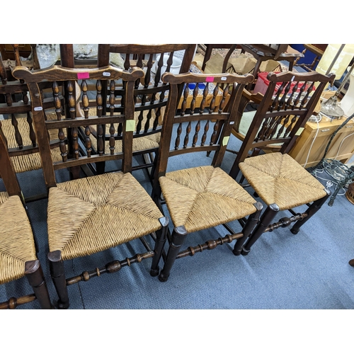 19 - A set of six matched 19th century rush seated dining chairs with ash turned supports Location:A2M