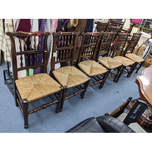 19 - A set of six matched 19th century rush seated dining chairs with ash turned supports Location:A2M