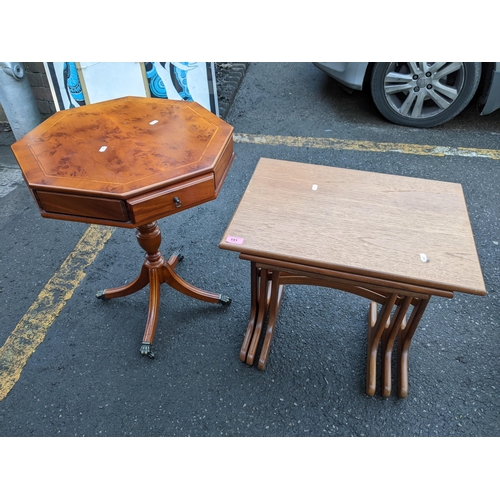 191 - A retro nest of three teak tables, together with a yew wood octagonal occasional table Location:CON