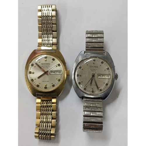 21 - Two vintage Sekonda Automatic gents day/date wristwatches, one gold plated, the other stainless stee... 