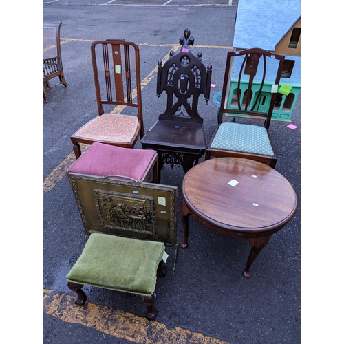 256 - Mixed furniture to include a Victorian gothic inspired hall chair and other items Location:CON