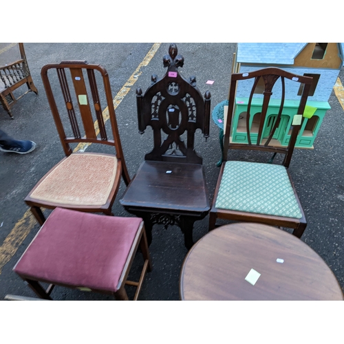 256 - Mixed furniture to include a Victorian gothic inspired hall chair and other items Location:CON