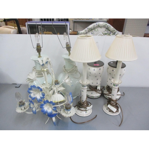 28 - A mixed lot of lighting to include a floral chandelier and six table lamps Location:RAB