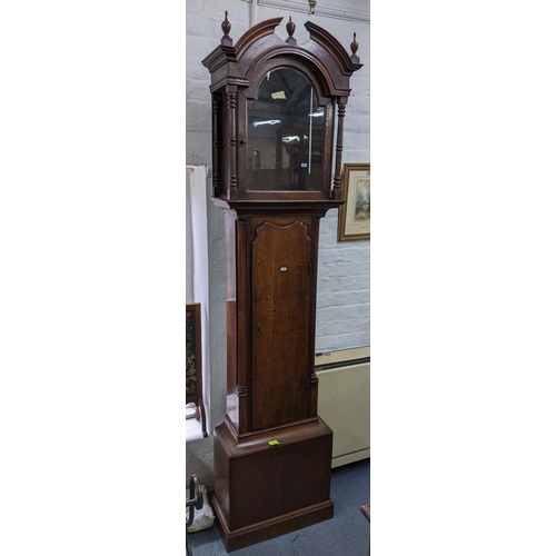 398 - A Georgian oak longcase clock case having turned pillars flanking the arched top case 217cm h x 57cm... 