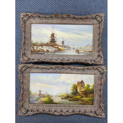 399 - W E van Groot - Two Dutch School oils on board to include one entitled Windmill in Winter 29cm x 14c... 