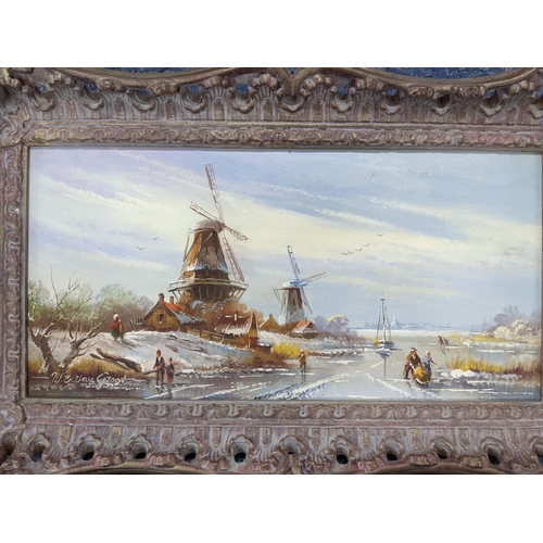 399 - W E van Groot - Two Dutch School oils on board to include one entitled Windmill in Winter 29cm x 14c... 