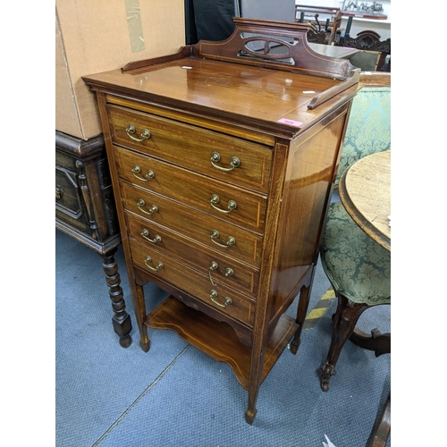 406 - An Edwardian mahogany string inlaid music cabinet having a raised back and five drawers, 98.5cm h x ... 