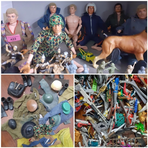 422 - Mixed vintage action men A/F, clothing and accessories, the 7 action men stamped 1964 to the lower b... 