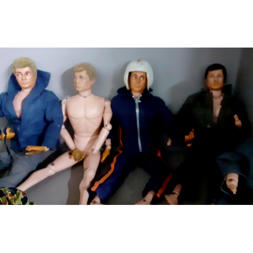 422 - Mixed vintage action men A/F, clothing and accessories, the 7 action men stamped 1964 to the lower b... 