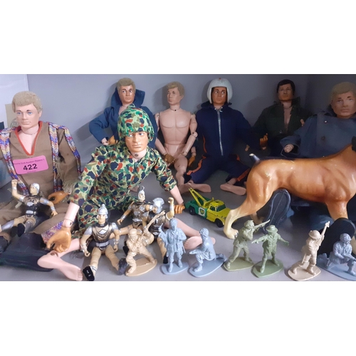 422 - Mixed vintage action men A/F, clothing and accessories, the 7 action men stamped 1964 to the lower b... 