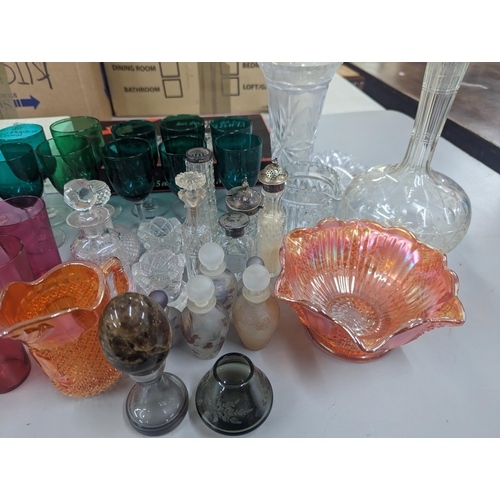 472 - A mixed group of glassware to include Royal Doulton crystal, Carnival glass, silver topped dressing ... 