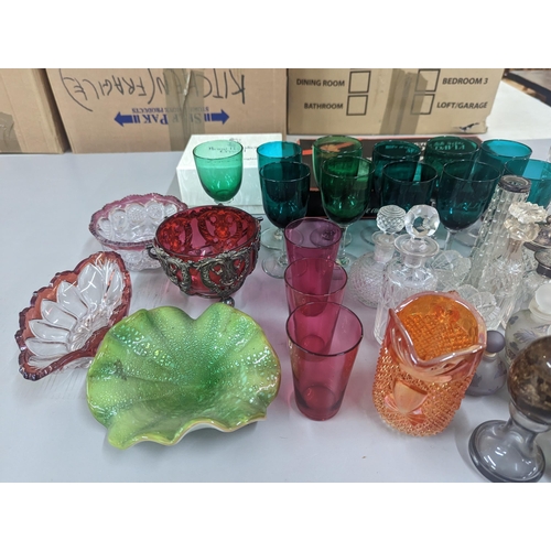 472 - A mixed group of glassware to include Royal Doulton crystal, Carnival glass, silver topped dressing ... 