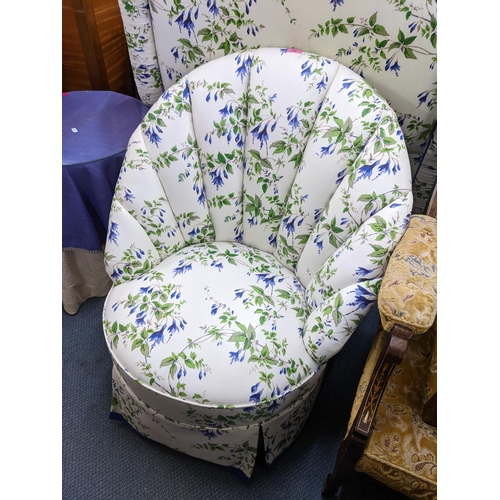 49 - A fan back floral upholstered bedroom chair together with matching single headboard
Location:LAF