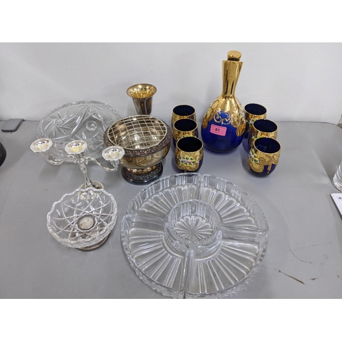 61 - A Venetian glass spirit decanter with six matching tumblers and other items Location:5.4