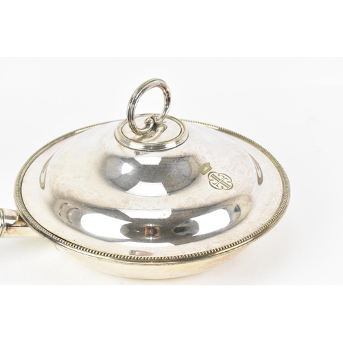 491 - A 19th century silver-plated lidded entree dish, with c-scroll handle to the domed lid, the dish wit... 