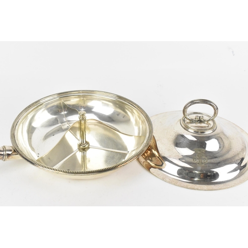 491 - A 19th century silver-plated lidded entree dish, with c-scroll handle to the domed lid, the dish wit... 