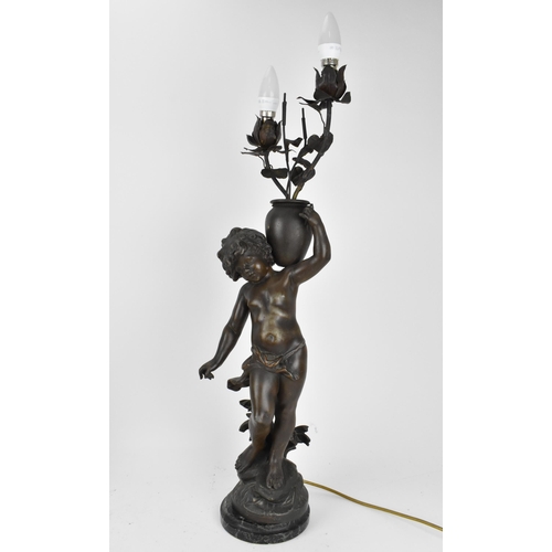 425 - A late 19th century patinated spelter figural lamp after Auguste Moreau, 'Le ruiseau' (the stream), ... 