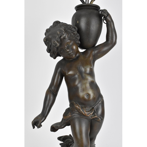 425 - A late 19th century patinated spelter figural lamp after Auguste Moreau, 'Le ruiseau' (the stream), ... 