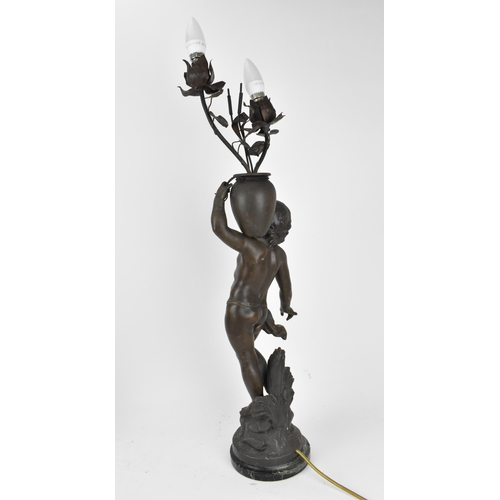 425 - A late 19th century patinated spelter figural lamp after Auguste Moreau, 'Le ruiseau' (the stream), ... 