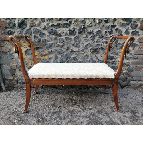 430 - A 19th century cherry wood swan neck window seat, upholstered with a cream vine leaf pattern fabric,... 