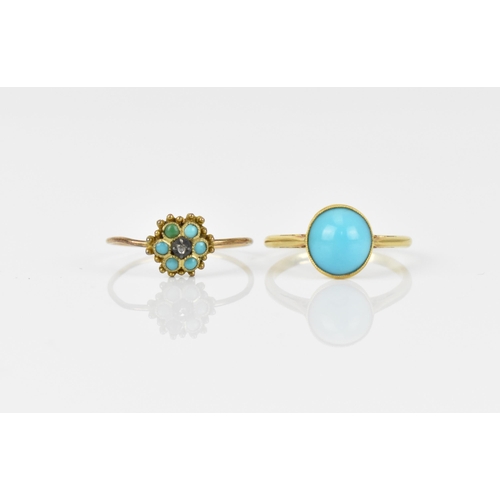 433 - A Georgian yellow metal, turquoise and diamond floral cluster ring, with central diamond accent and ... 