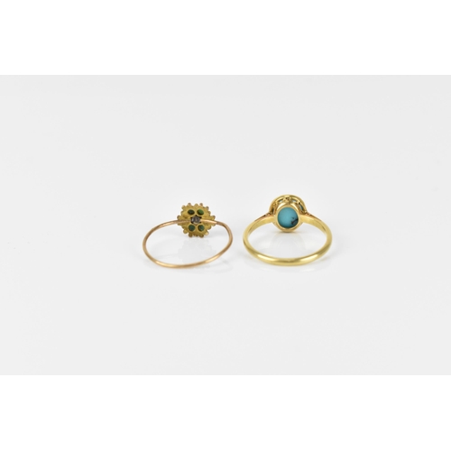 433 - A Georgian yellow metal, turquoise and diamond floral cluster ring, with central diamond accent and ... 