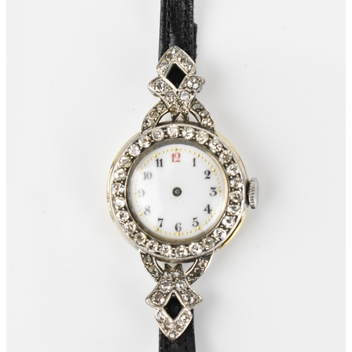 443 - An 18ct white gold and diamond ladies cocktail watch, the white enamel face with Arabic numerals set... 