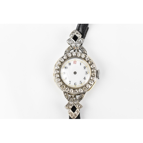 443 - An 18ct white gold and diamond ladies cocktail watch, the white enamel face with Arabic numerals set... 