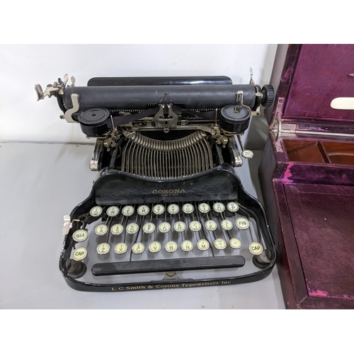 483 - A mixed lot to include a Corona black metal typewriter, leather bound Victorian writing slope, silve... 