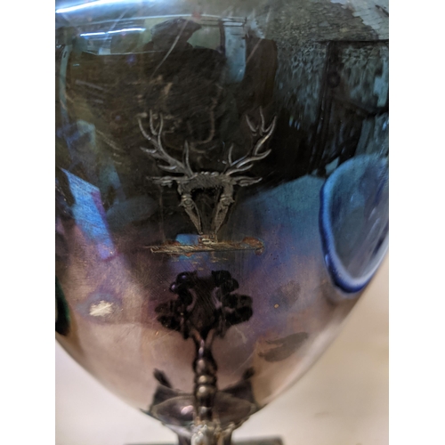 510 - A 19th century silver plated tea urn with lid, twin handles, engraved crest of a deer's head with an... 