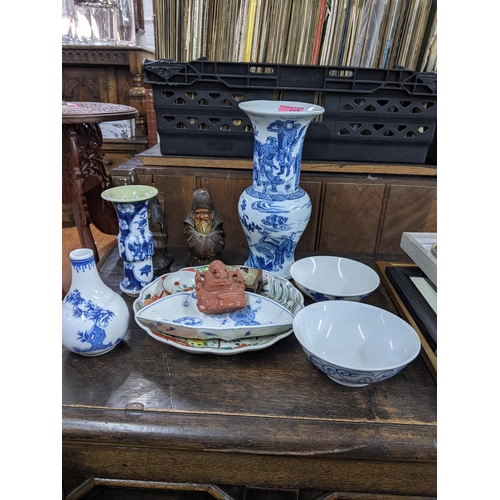 512 - A group of Chinese, Japanese and Indian ceramics and other items to include a Chinese wooden matchbo... 