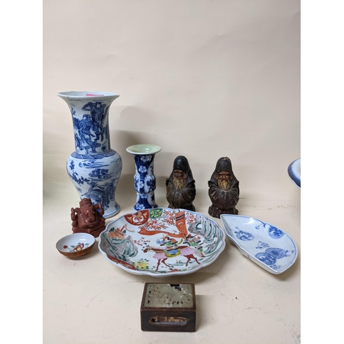 512 - A group of Chinese, Japanese and Indian ceramics and other items to include a Chinese wooden matchbo... 