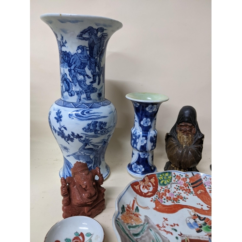 512 - A group of Chinese, Japanese and Indian ceramics and other items to include a Chinese wooden matchbo... 