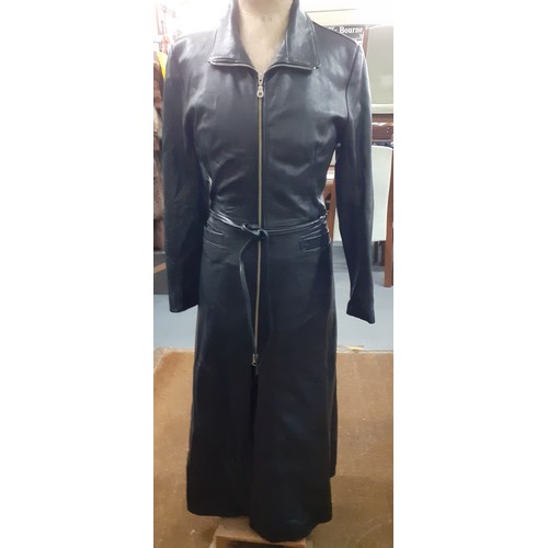 A Mordex black leather zip front dress in the Matrix style, 32" chest x 47"  long Location: BWR