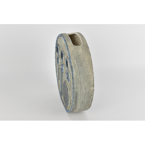 106 - A Louise Jinks for Troika pottery wheel vase, of circular form with open top, incised and raised dec... 