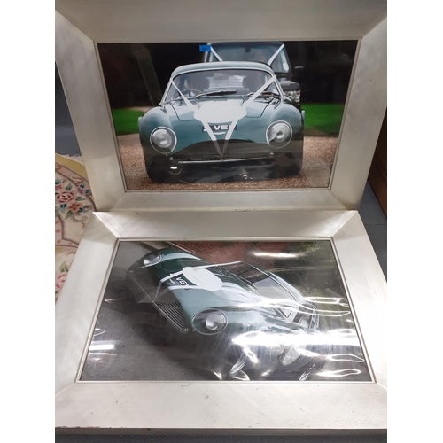 Two large framed photographs of an Aston Martin and Zagato in