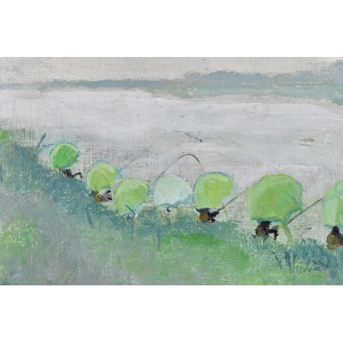 109 - Janet Ledger (b.1931) British
depicting a row of men fishing, holding the same green umbrella, signe... 