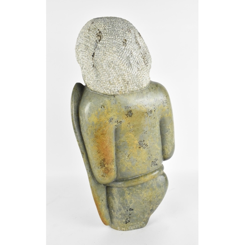 87 - Sylvester Mubayi (1942-2022) Zimbabwean
'Old Warrior' green shona sculpture, the warrior figure hold... 