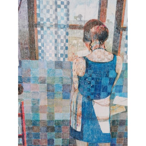 302 - (XX/XXI) Contemporary
large modernist style painting on thick board, depicting a woman in her kitche... 