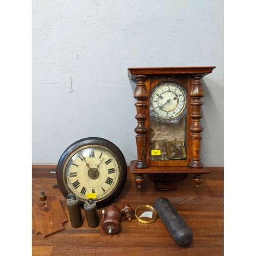 Clocks and clock parts to include a 19th century wooden cased