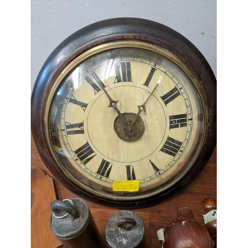 126 - Clocks and clock parts to include a 19th century wooden cased station master's dial clock, white pai... 