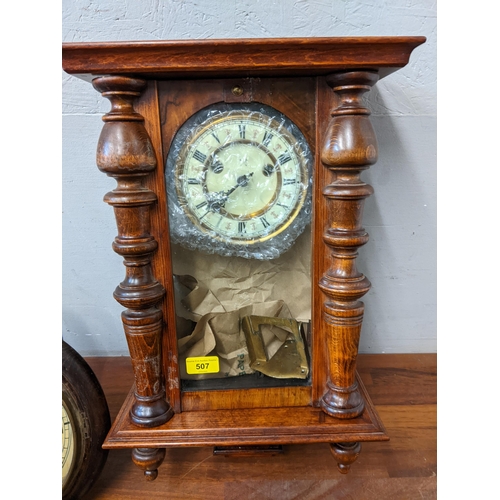 126 - Clocks and clock parts to include a 19th century wooden cased station master's dial clock, white pai... 