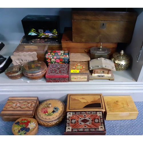 98 - A quantity of treen boxes to include papermache Victorian writing boxes and musical boxes together w... 