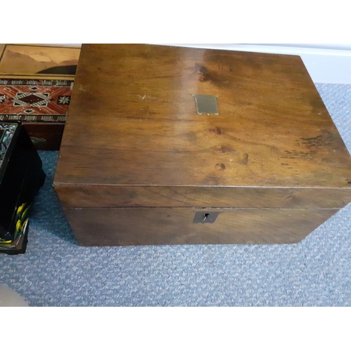 98 - A quantity of treen boxes to include papermache Victorian writing boxes and musical boxes together w... 