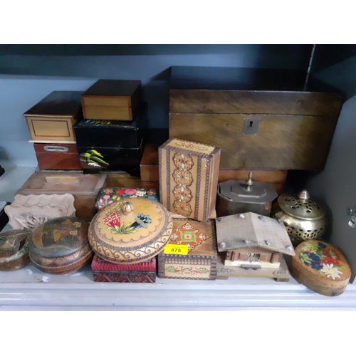 98 - A quantity of treen boxes to include papermache Victorian writing boxes and musical boxes together w... 