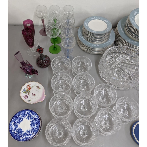 104 - A mixed lot to include mixed cut glassware, a Dresden shell shaped dish, together with Royal Doulton... 