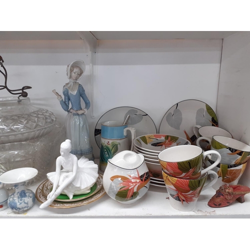 105 - A Lladro figure A/F, an Amalfo di Cambo part teaset, mixed ornaments, cut glassware, metalware and o... 