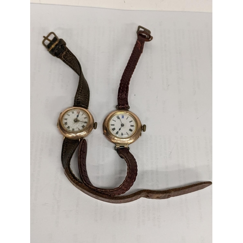 108 - Two early 20th century ladies 9ct gold wristwatches on leather straps Location:CAB5